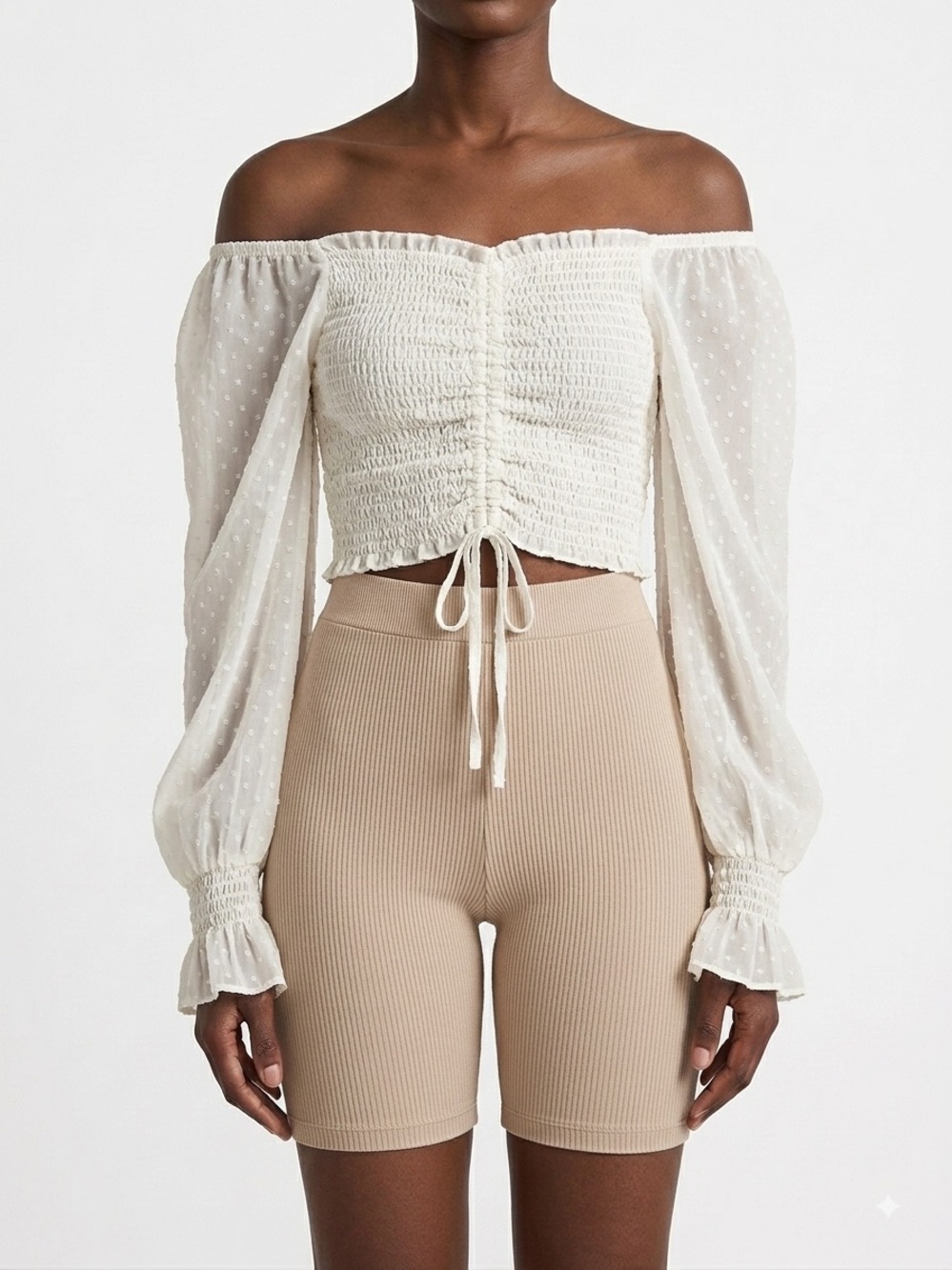 Simons White Sheer Dot Smocked Off-Shoulder Blouse